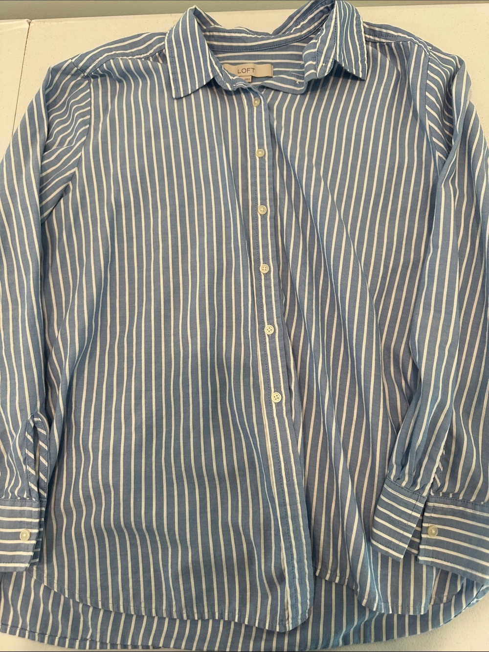 LOFT Light Blue and White Vertical Stripe Button-Down Shirt